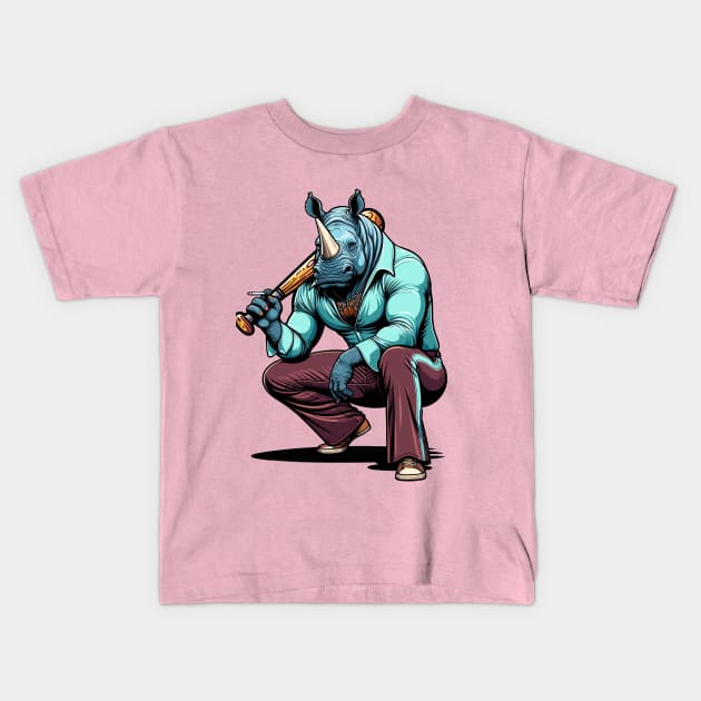 Retro Rebel: 70s Fashion rhino with baseball batters Kids T-Shirt by TimeWarpWildlife